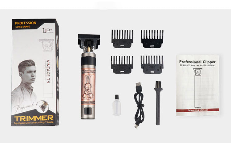 T9 Hair Clipper Oil Head Push Digital Display Carving Skull Small Hair Clipper Trimming Shaved White USB Charging Zinc Alloy