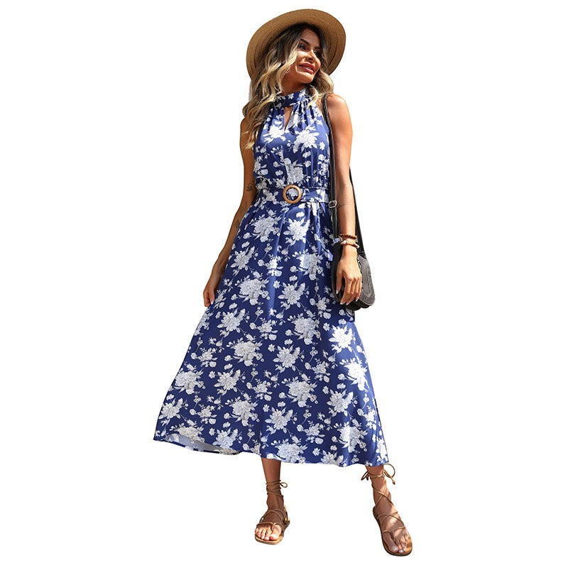 New European and American Summer Women's Printed Sleeveless Hanging Neck Dress