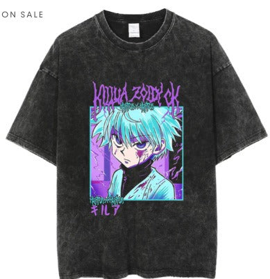 Anime cartoon wash distressed  t-shirt high street dark man