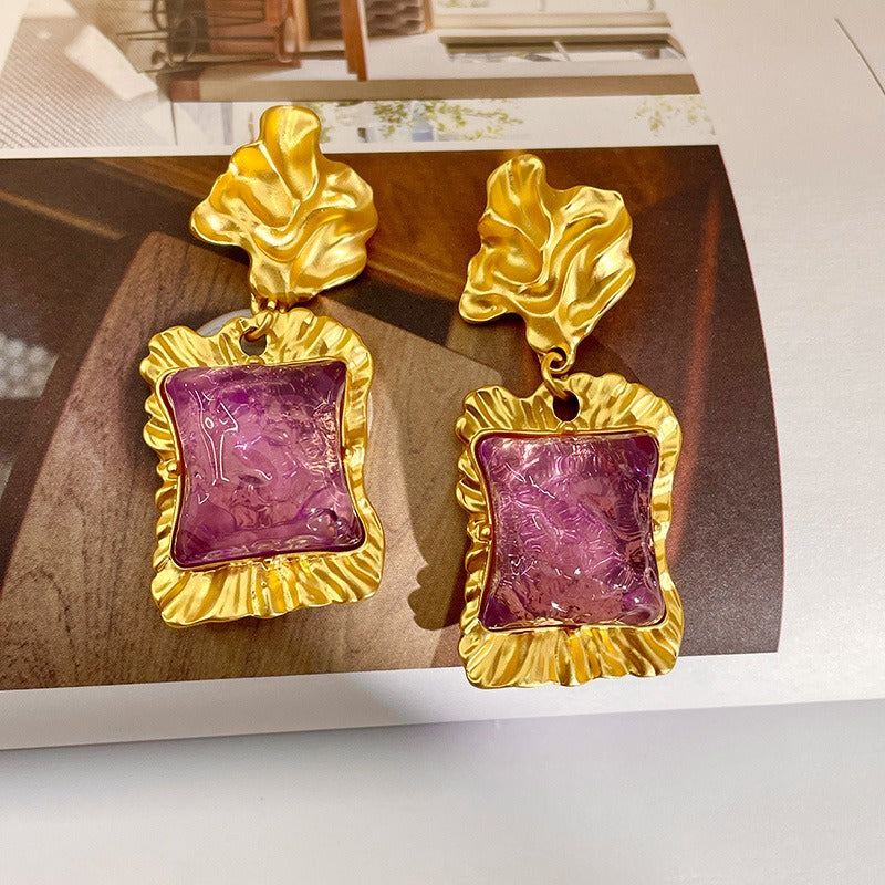 Lava earrings, irregular purple square glazed crystal earrings, retro temperament earrings