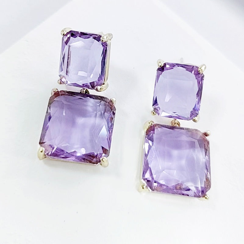 Fashionable geometric square transparent crystal earrings, elegant purple long earrings for women