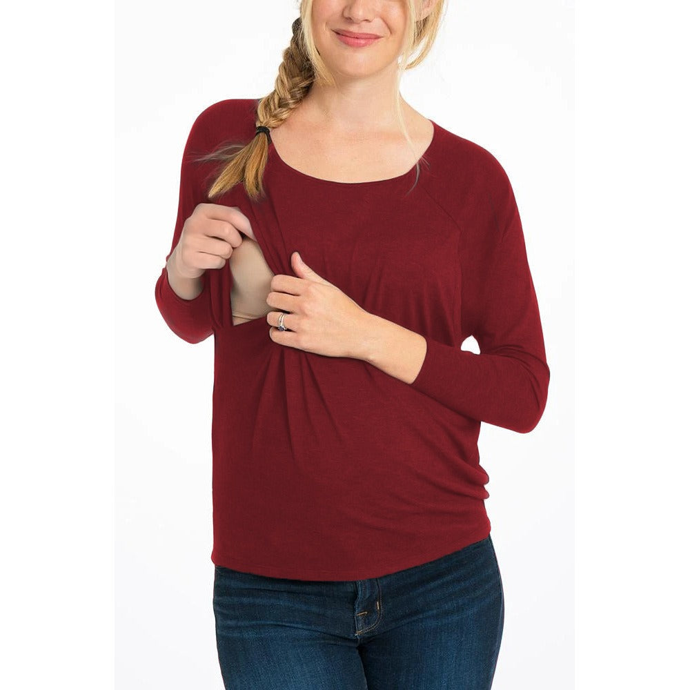 Pregnant women's top fashionable round neck shoulder insertion long sleeved nursing T-shirt