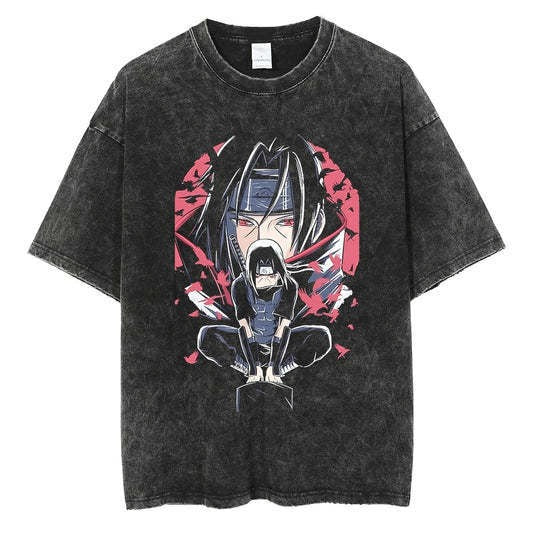 Anime cartoon wash distressed  t-shirt high street dark man