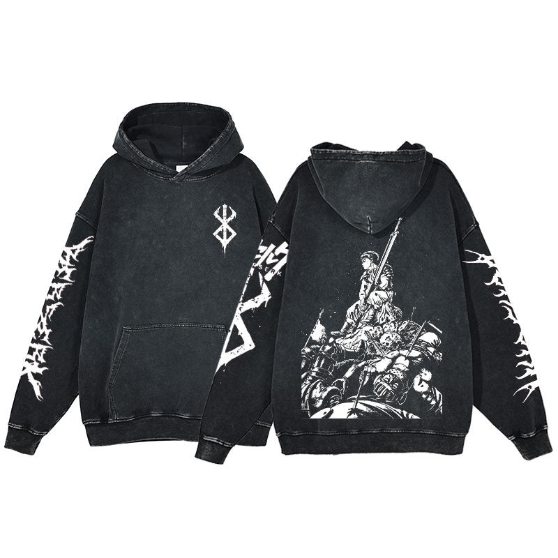 New washed retro hoodie spell battle anime peripheral printed hoodie for men