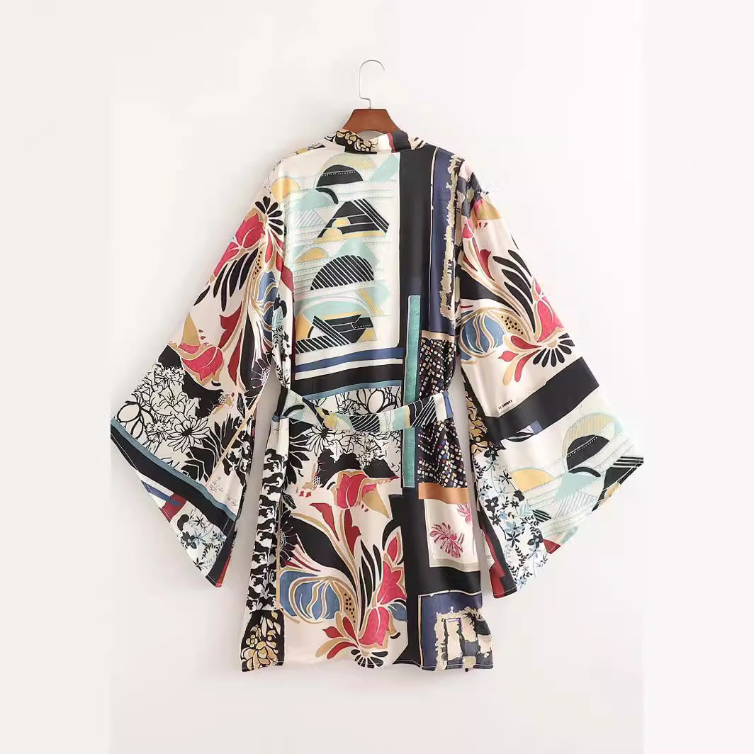 Spring/Summer New Women's Slimming Printed Kimono Style Outerwear Straight leg Pants Set