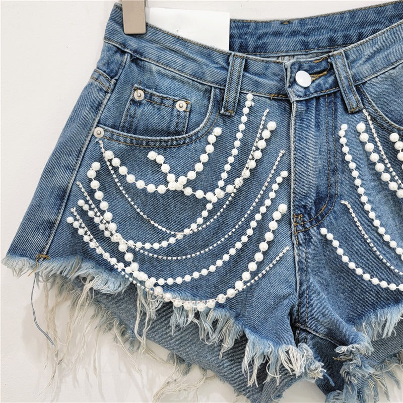 High waisted slimming European station heavy industry rhinestone tassel edge wide leg hot pants