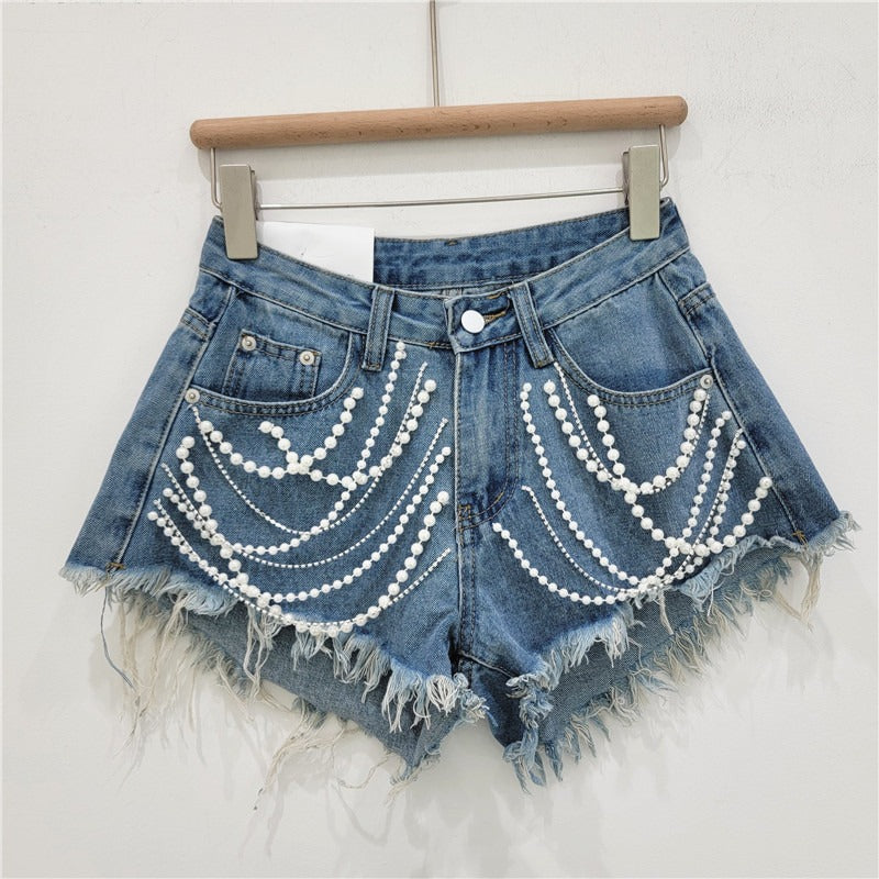 High waisted slimming European station heavy industry rhinestone tassel edge wide leg hot pants