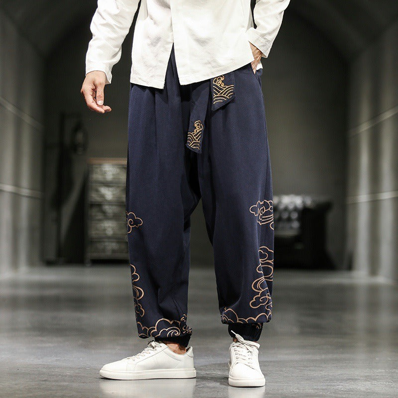 Spring and Autumn men's Chinese style minimalist printed leggings, wide leg oversized embroidered lantern pants