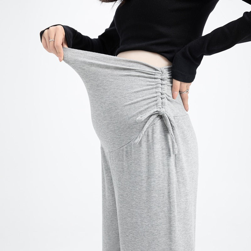 Pregnant women's pants in spring and summer, small stature, wide leg pants for pregnancy, wearing drawstring straight leg pants outside, spring and summer