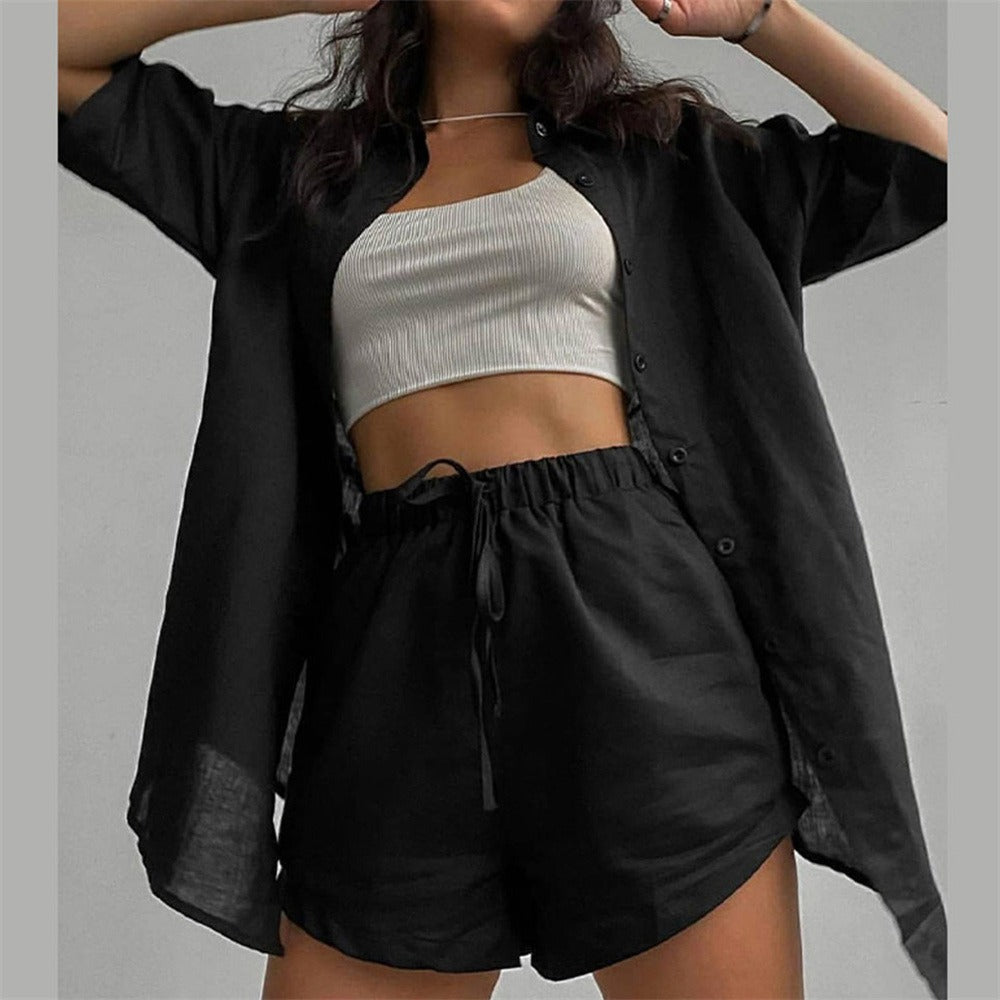 Women's Cotton Single-Breasted Short-Sleeved Shirt Shorts Loose Fashion Casual Suit