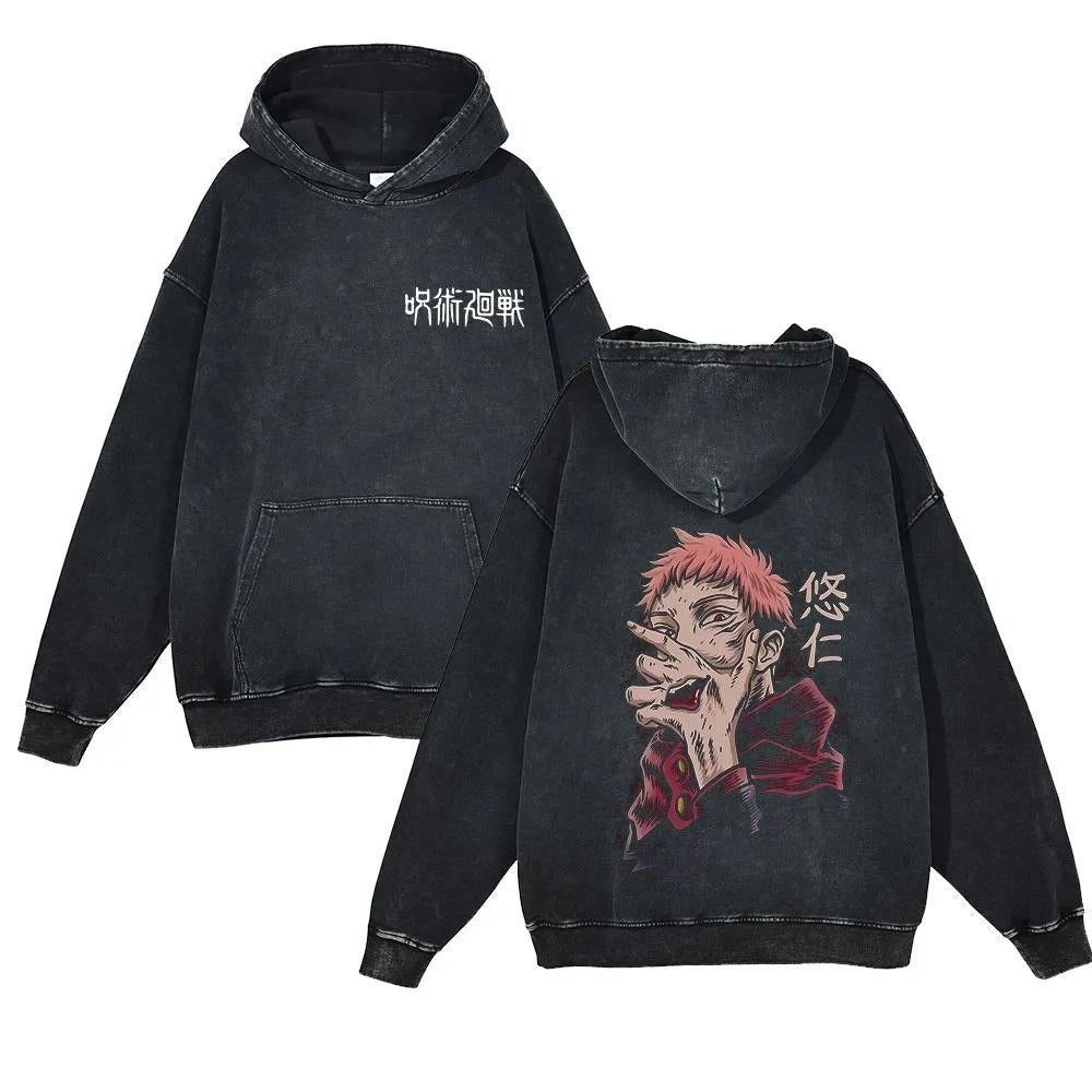 New washed retro hoodie spell battle anime peripheral printed hoodie for men