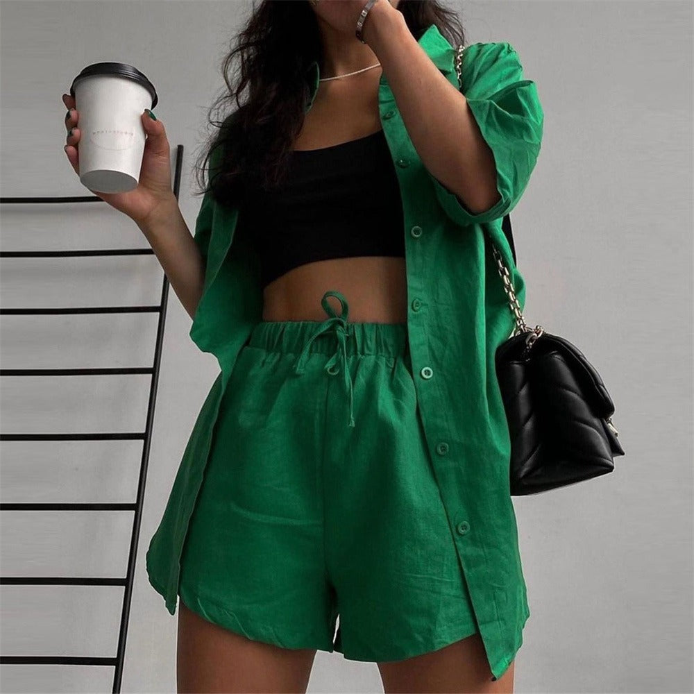 Women's Cotton Single-Breasted Short-Sleeved Shirt Shorts Loose Fashion Casual Suit