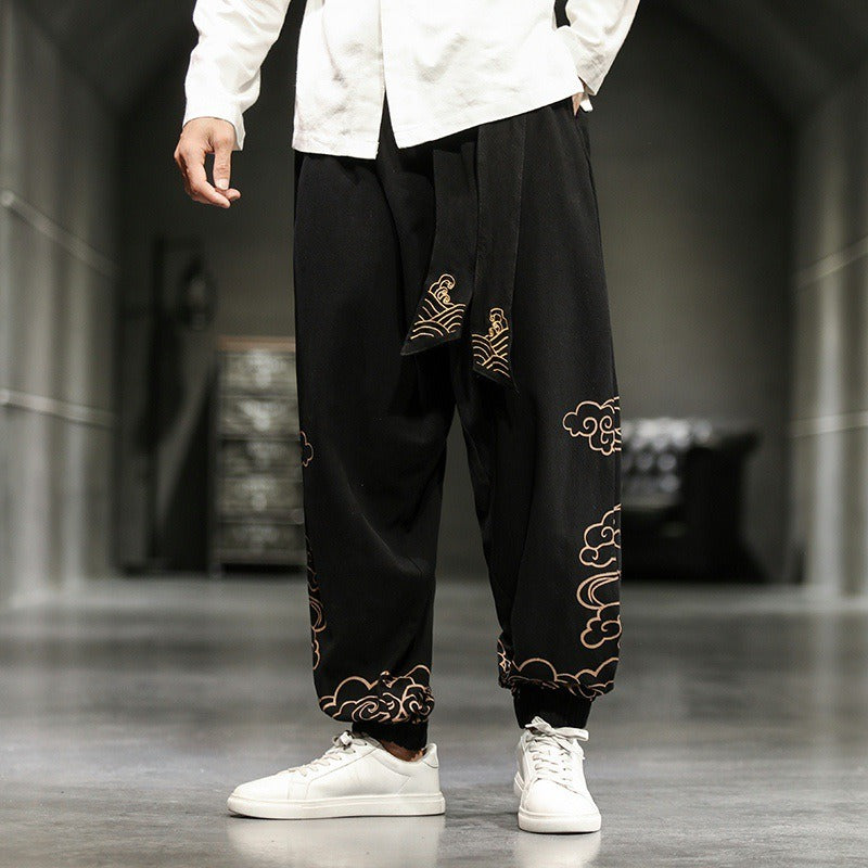 Spring and Autumn men's Chinese style minimalist printed leggings, wide leg oversized embroidered lantern pants