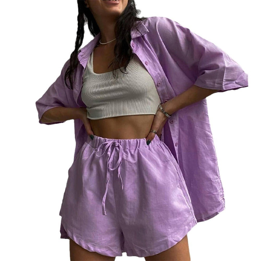 Women's Cotton Single-Breasted Short-Sleeved Shirt Shorts Loose Fashion Casual Suit