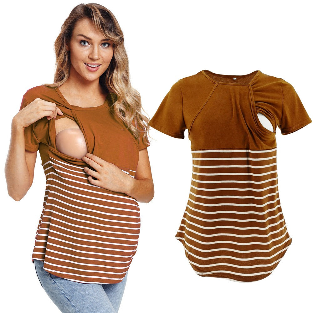 European and American fashion round neck short sleeved breastfeeding T-shirt with striped patchwork parent-child maternity wear