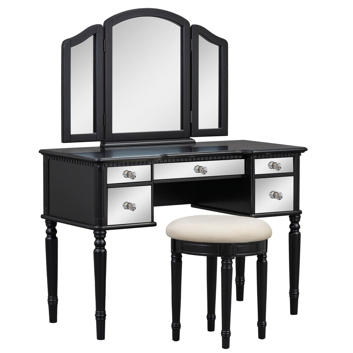 GO 43" Dressing Table Set with Mirrored Drawers and Stool, Tri-fold Mirror, Makeup Vanity Set for Bedroom, Black