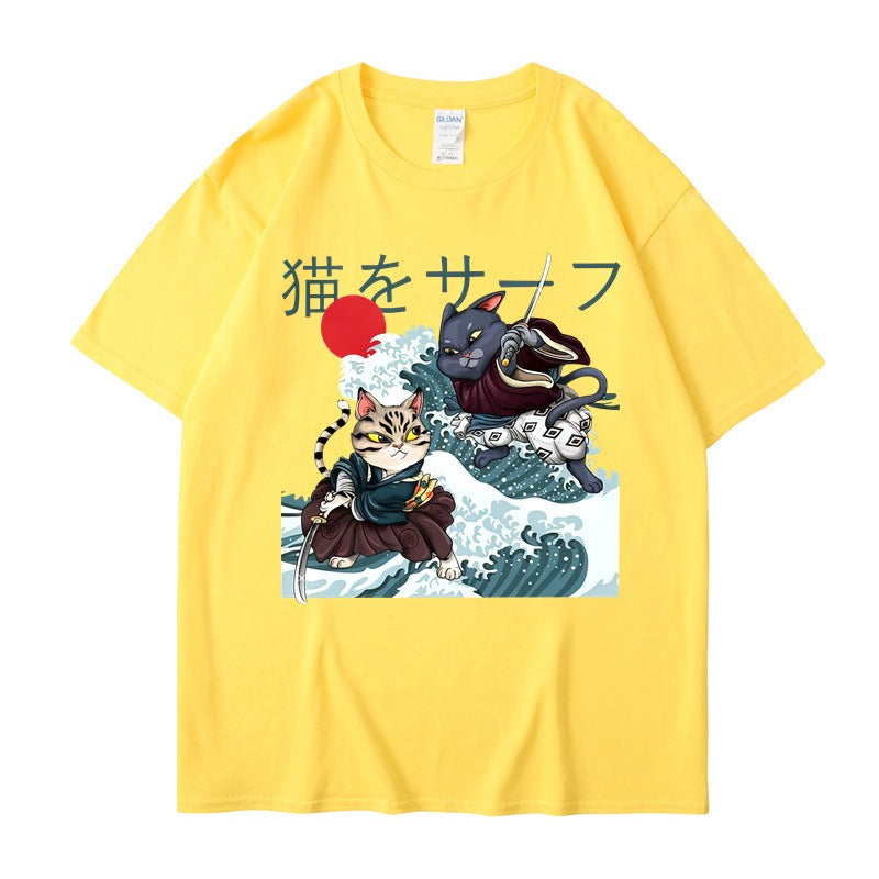 Summer Samurai Cat Print Large Loose Fashion Short sleeved T-shirt Trendy Brand