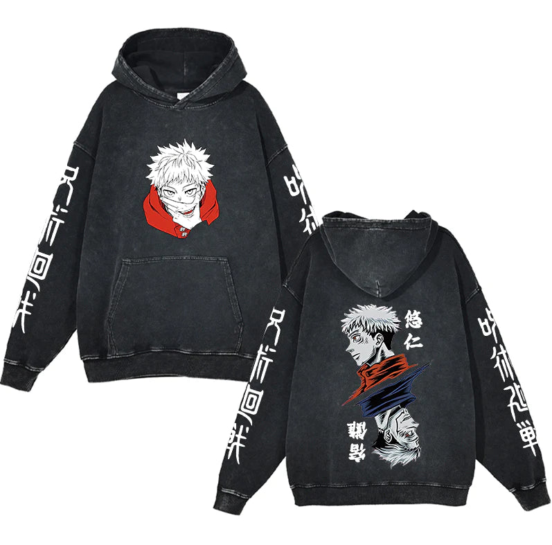 New washed retro hoodie spell battle anime peripheral printed hoodie for men