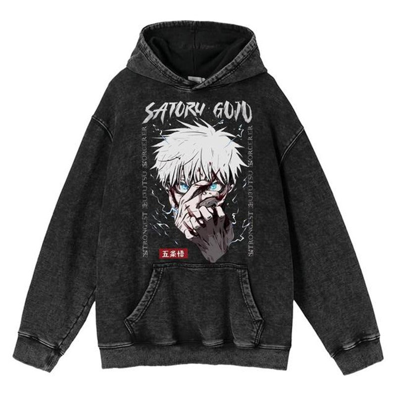 New washed retro hoodie spell battle anime peripheral printed hoodie for men