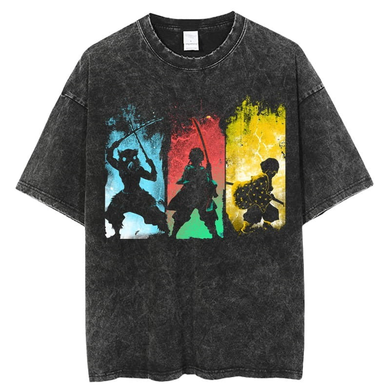 Anime cartoon wash distressed  t-shirt high street dark man