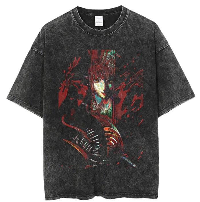 Anime cartoon wash and distressed short T