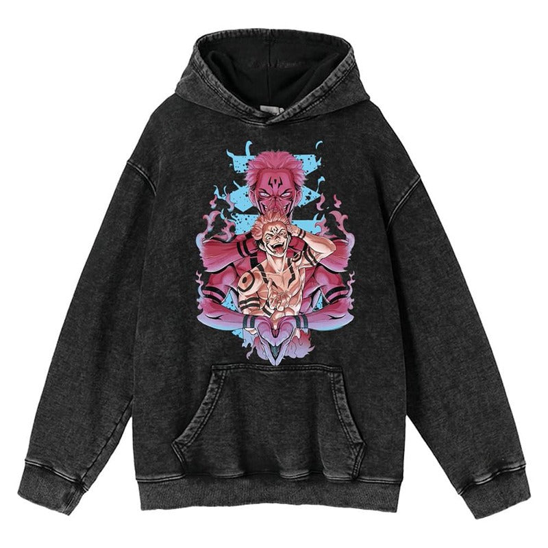 New washed retro hoodie spell battle anime peripheral printed hoodie for men