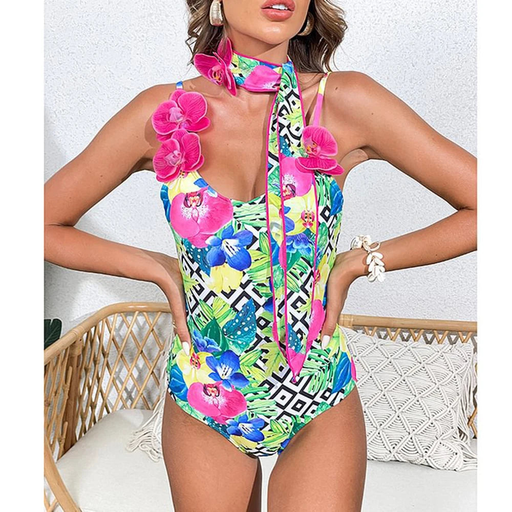 Simulated flower one piece swimsuit set for beach vacation