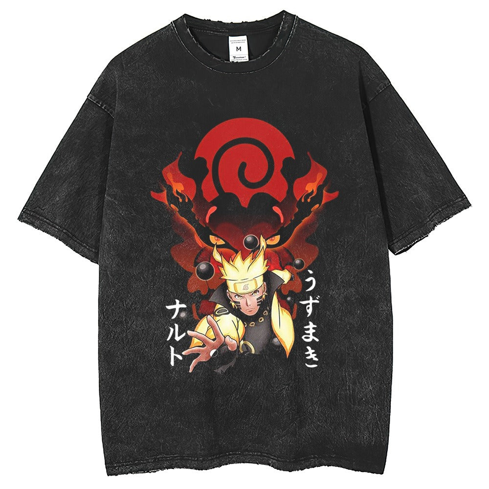 Anime Fire Shadow Print T-shirt for Men and Women Summer Half sleeved Shirt Retro distressed washed black