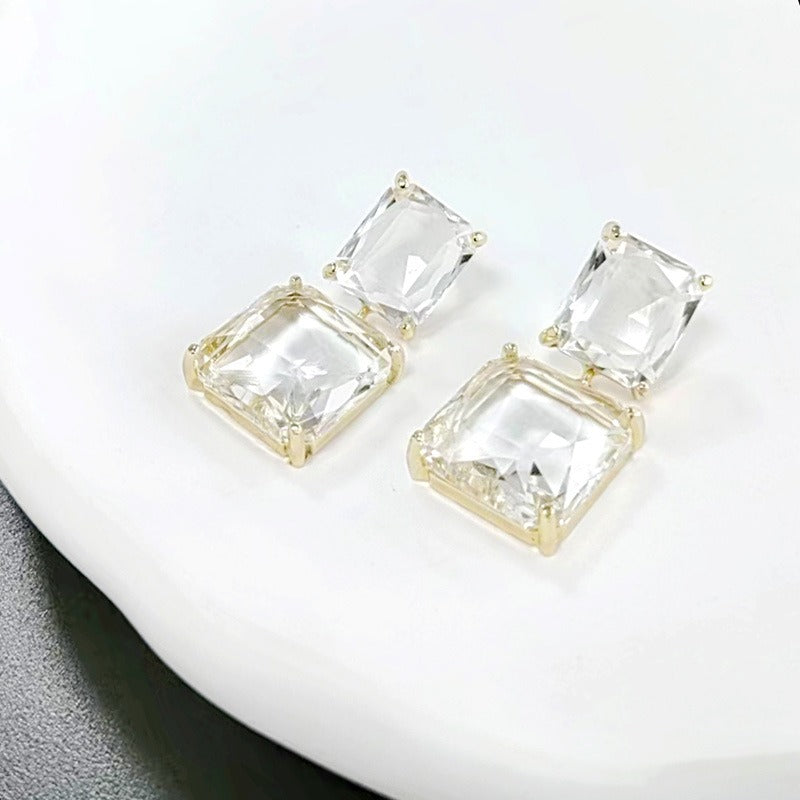 Fashionable geometric square transparent crystal earrings, elegant purple long earrings for women