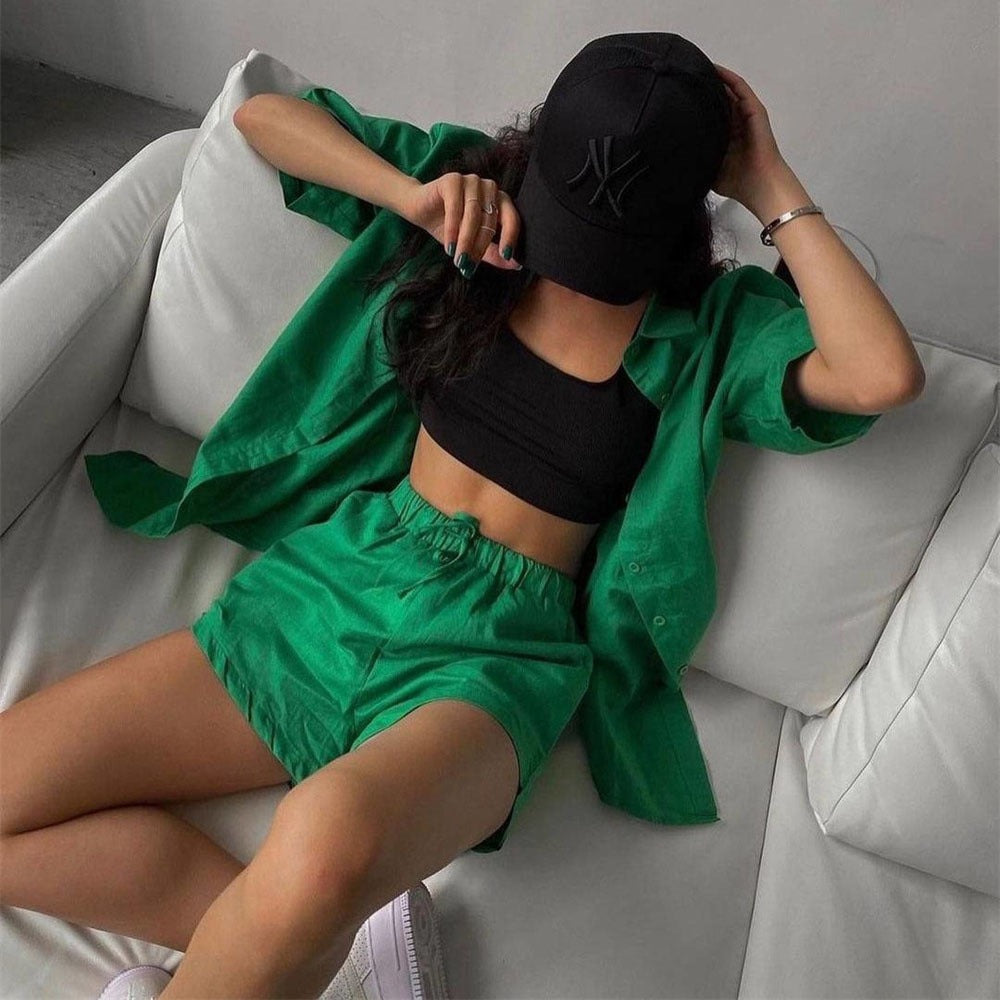 Women's Cotton Single-Breasted Short-Sleeved Shirt Shorts Loose Fashion Casual Suit