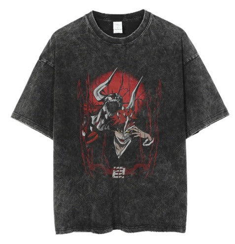 Anime cartoon wash distressed  t-shirt high street dark man