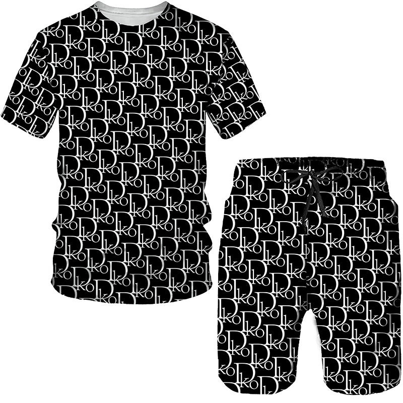 Printed men's round neck short sleeved casual T-shirt set for men