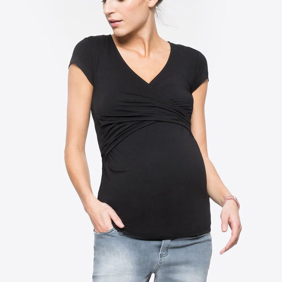 European and American summer short sleeved pregnant women's clothing with deep V-neck solid color cross feeding suit nursing clo