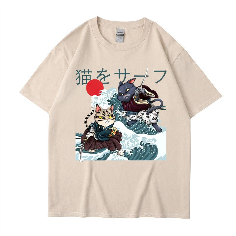 Summer Samurai Cat Print Large Loose Fashion Short sleeved T-shirt Trendy Brand