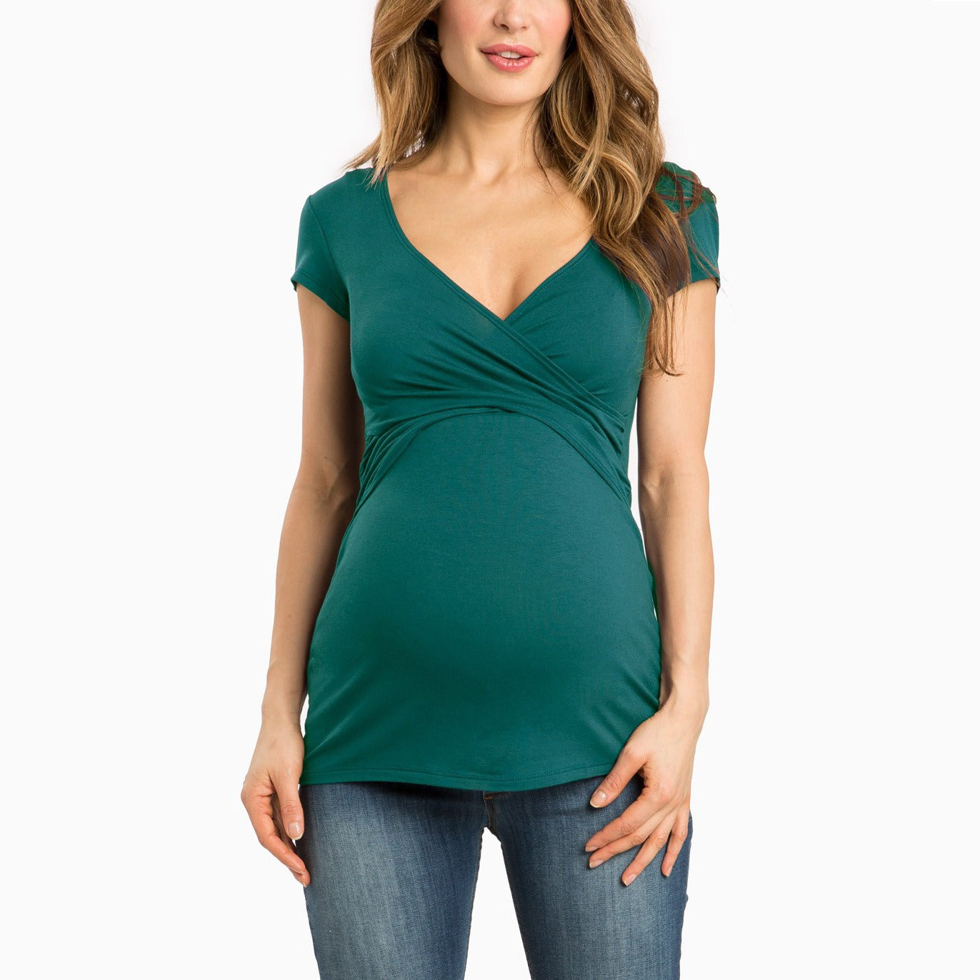 European and American summer short sleeved pregnant women's clothing with deep V-neck solid color cross feeding suit nursing clo