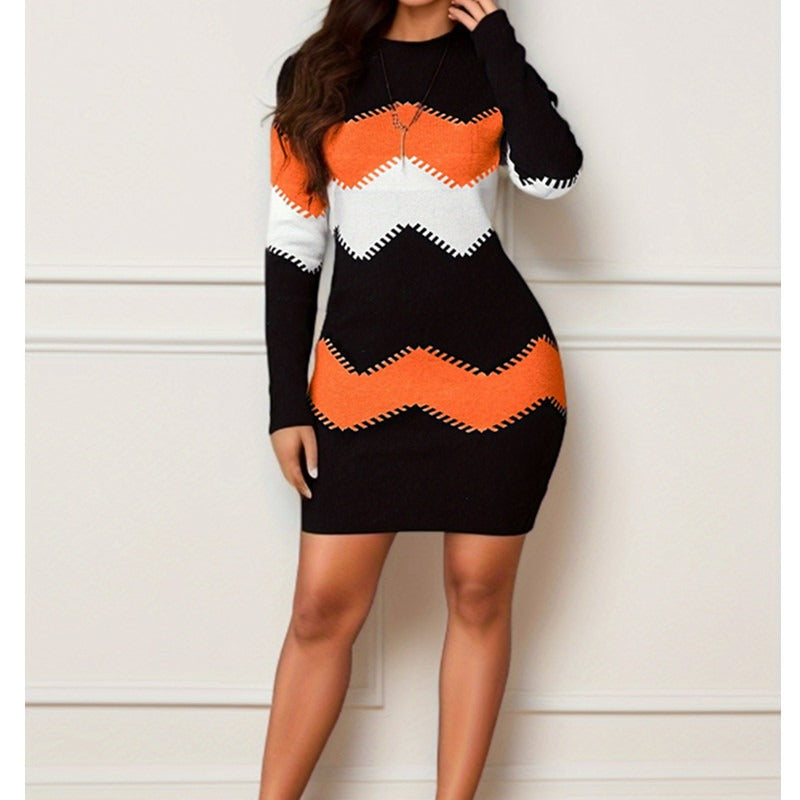 Mid length short skirt round neck long sleeved printed knitted buttock wrap dress