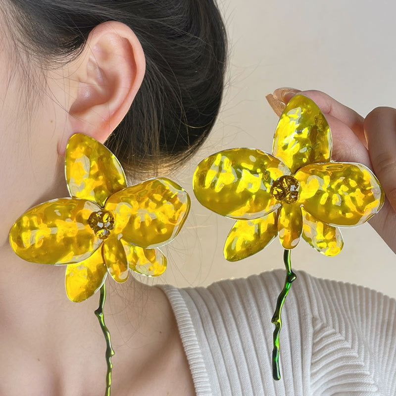 Enamel Drop Glaze Metal Large Flower Earrings with Advanced Fashion Earrings