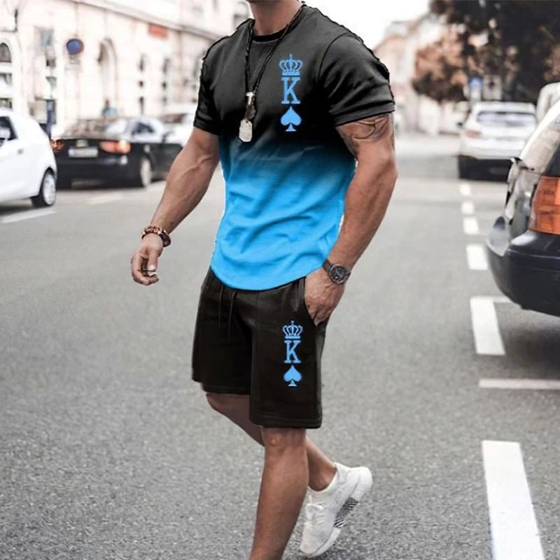 3D printed men's round neck short sleeved casual T-shirt set for men