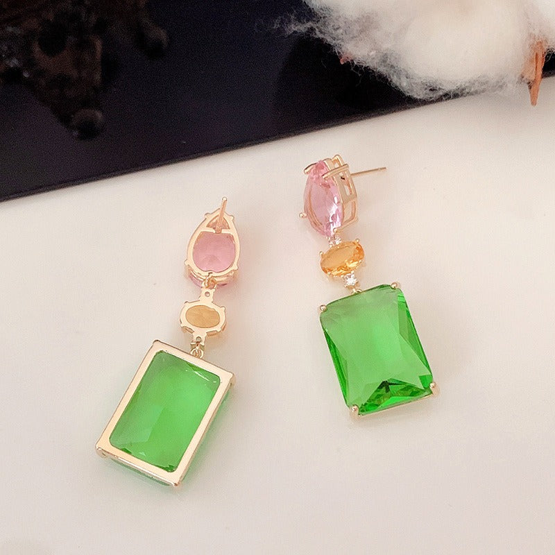 Pink Droplet Geometric Square Earrings Light Luxury Contrast Color Transparent Zircon Candy Color Fashion