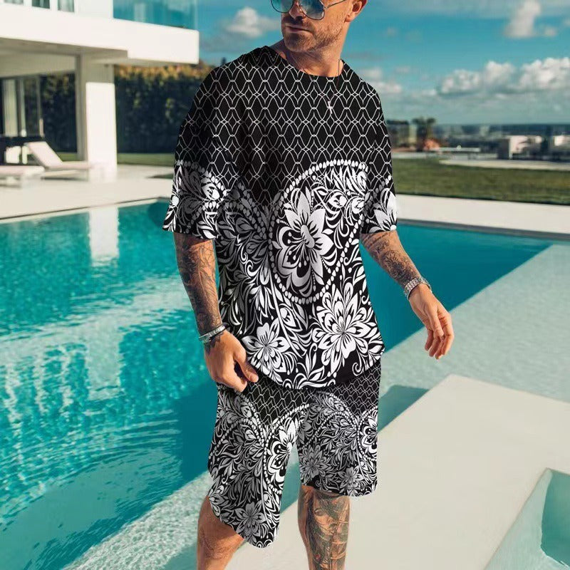 3D printed men's round neck short sleeved casual T-shirt set for men