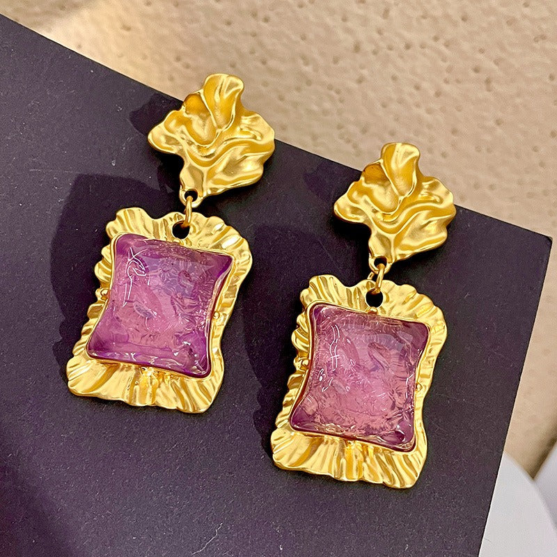 Lava earrings, irregular purple square glazed crystal earrings, retro temperament earrings